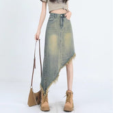 skirt outfits 2024 New Summer Irregular Frayed Denim Skirt Women's Distressed Design Versatile Mid-Length Skirt Fashion